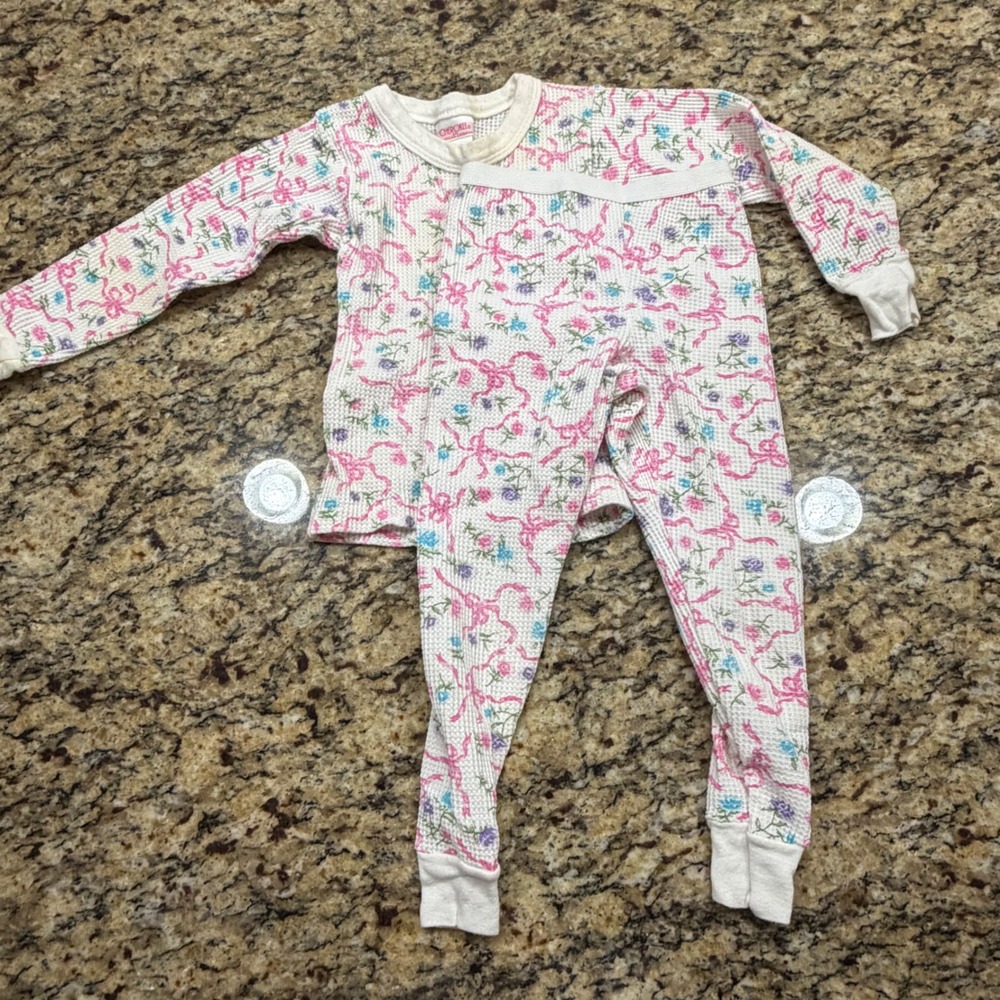 Vintage Cherokee Kids Thermal Pajamas Set Size 4-5 Pink Bows Floral Waffle Knit